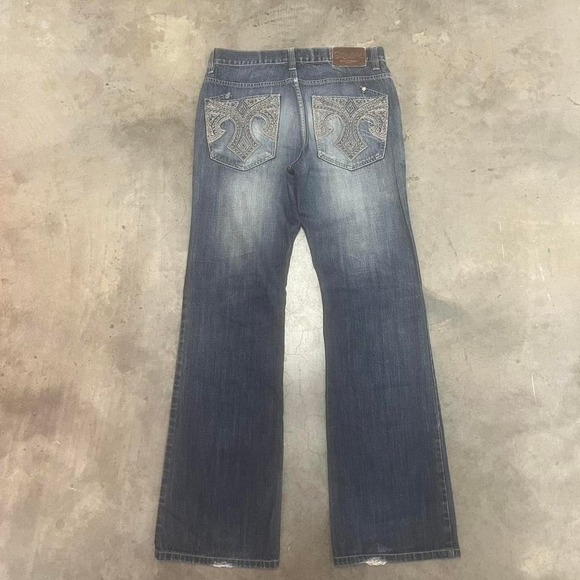 Y2K‎ marc ecko mens dark wash jeans bootcut flare cross embroidered grunge